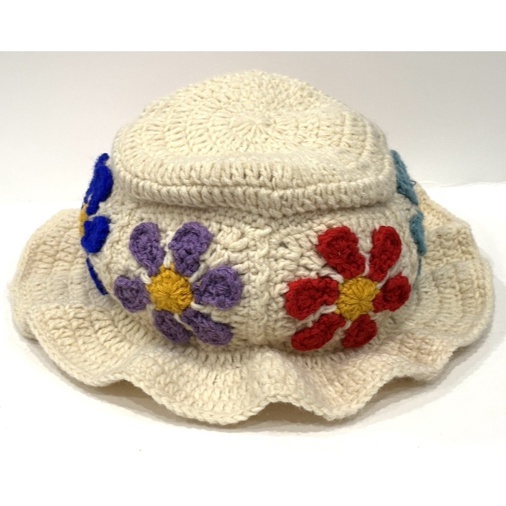 Handmade Crochet Bucket Hat Cream Multicolor Floral Ruffle Brim Boho Women's